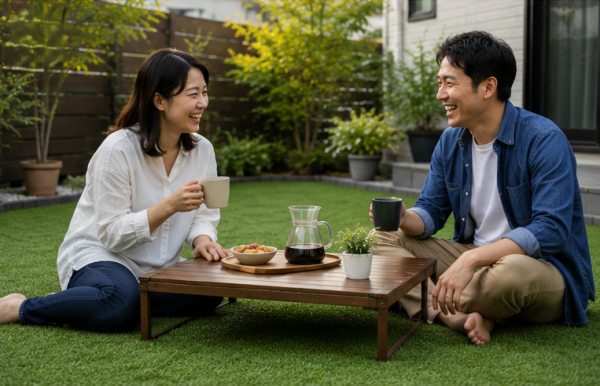 人工芝の庭でコーヒーを飲みながら語り合う夫婦