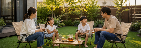 人工芝の庭で家族がゆったり会話を楽しむ様子